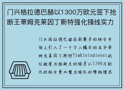 门兴格拉德巴赫以1300万欧元签下抢断王蒂姆克莱因丁斯特强化锋线实力